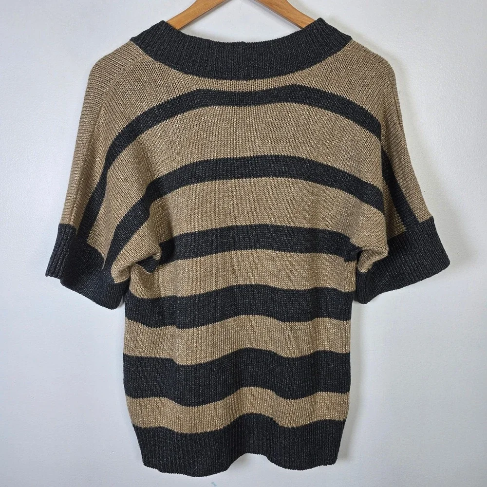 VTG Talbots Collection Women Sweater Sz L Beige Charcoal Striped V Neck Knit Top - Picture 2 of 4